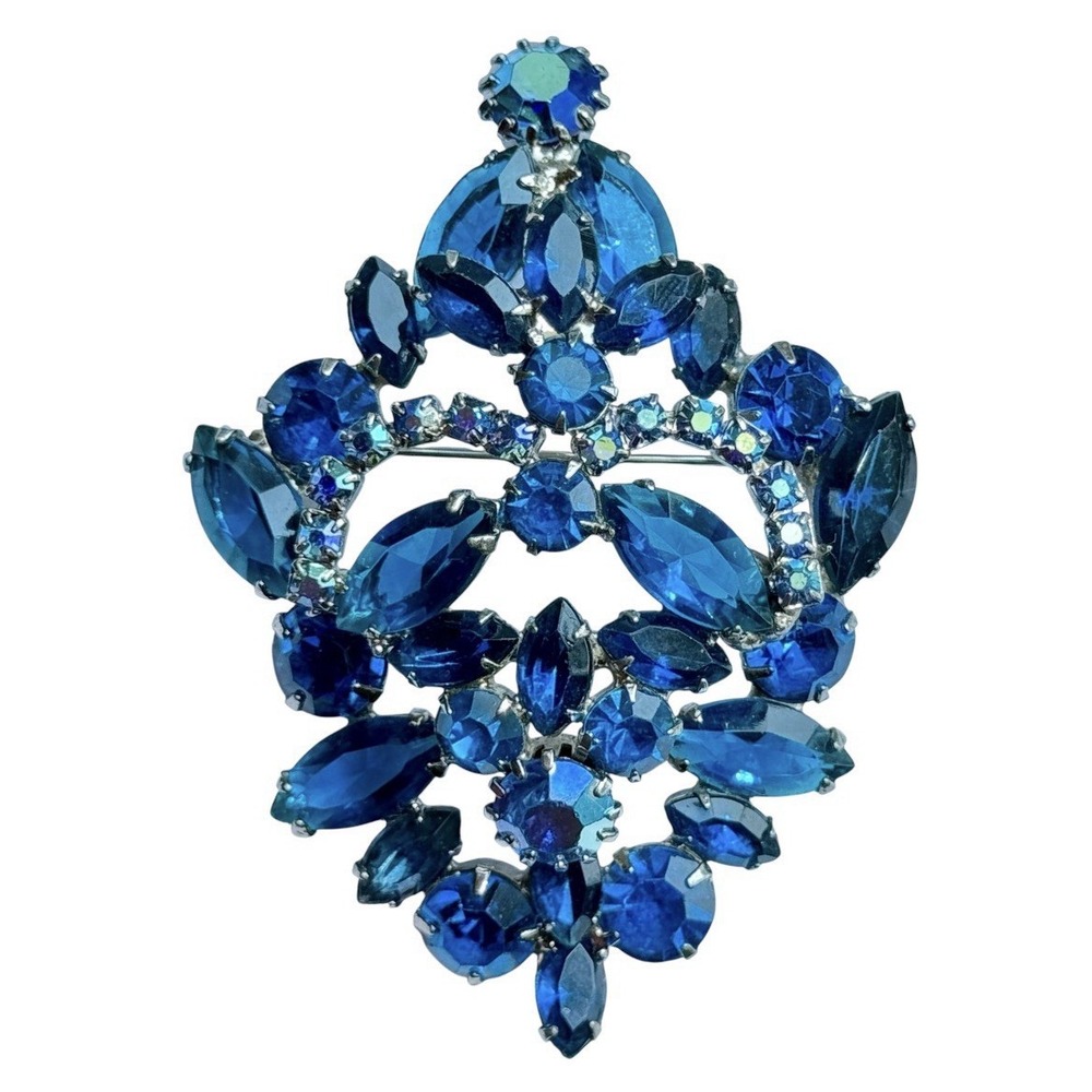 Vintage Blue Marquise Rhinestone Brooch Layered Glass Bold with Brilliant Shine